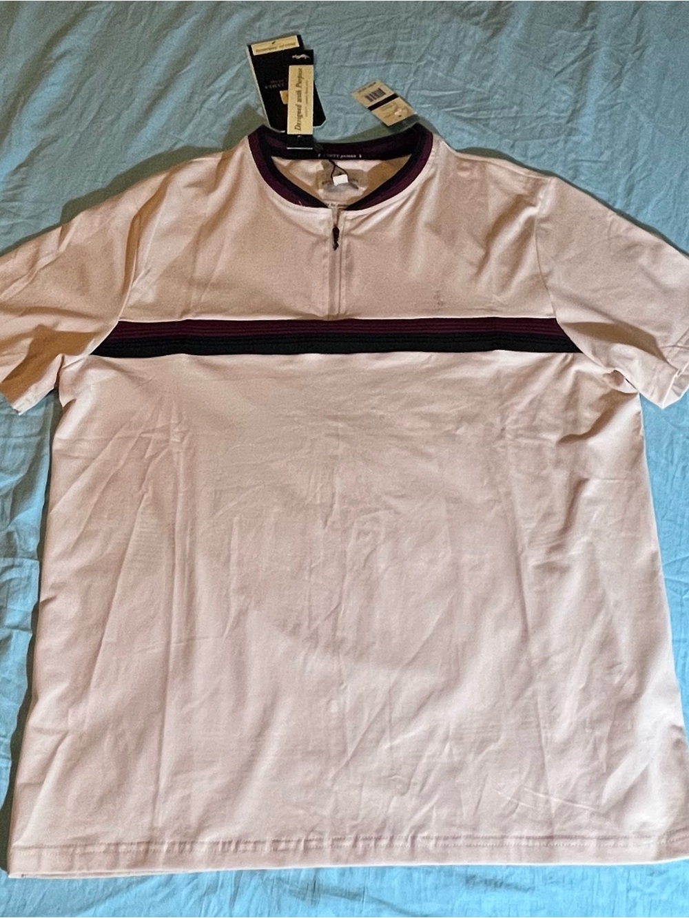 SCOTT JAMES Men’s Light Beige Short-Zip Stripe Crew Shirt